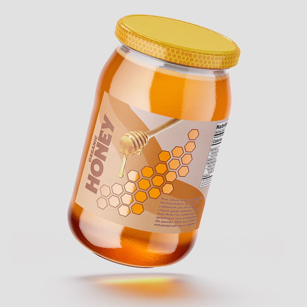 Mockup of knockout label on honey jar.