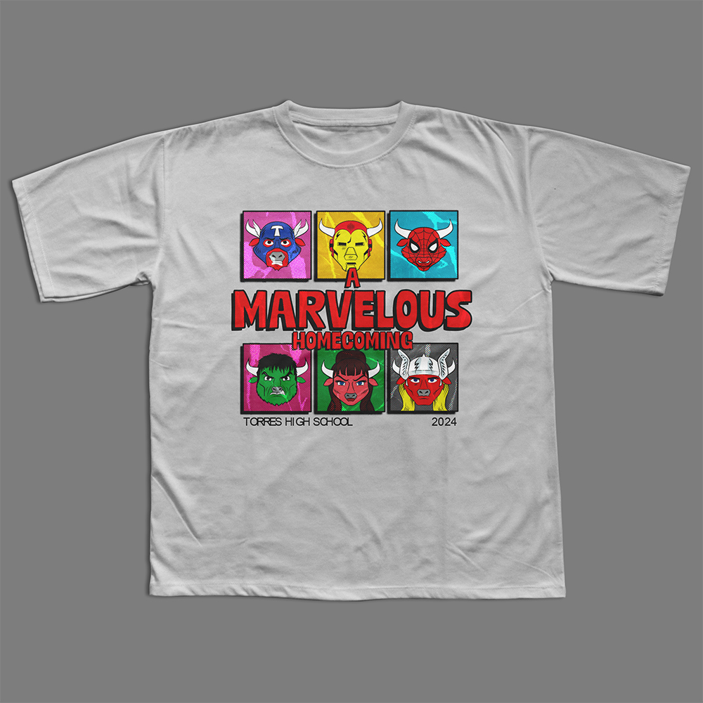 Mockup of Marvel Avengers graphic illustration on a shirt.